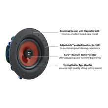 SOAV - 6.5" Round Frame-Less in Ceiling Speakers 60W RMS Power, Kevlar Woven Cone, 0.75" Titanium Dome