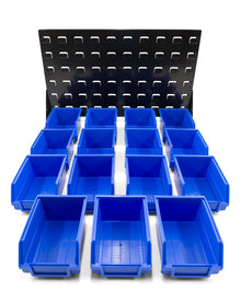 DJC Supply Heavy Duty Storage Bin Set & Steel Panel for Hanging Bin, Bench Mountable Steel Rolled Panel, 15 Bins included, Great for organzing Tools, Parts, and More.