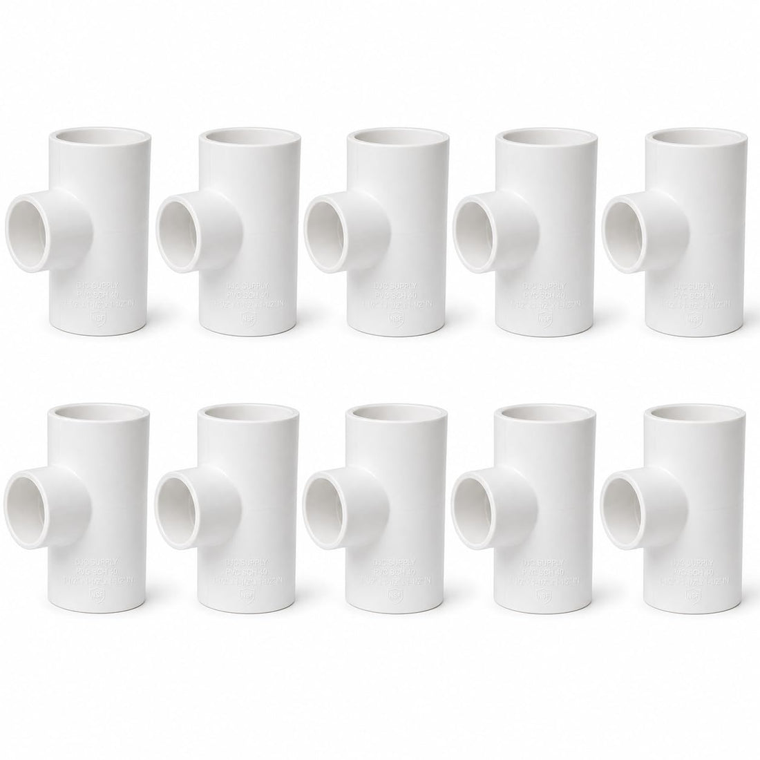 DJC Supply PVC Schedule 40 Tee, 1-1/2", White Pressure Fitting for Cold Water Supply, Slip x Slip x Slip, 10-Pack