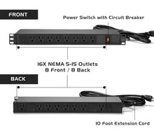 Ares Vision 125V 15A, 8 Socket NEMA 5-15R Standard 15A sockets, Single Thermal Breaker with LED Light, NEMA 5-15P Plug with 16AWG, 10 Foot (3M) Power Cable (8 Socket)