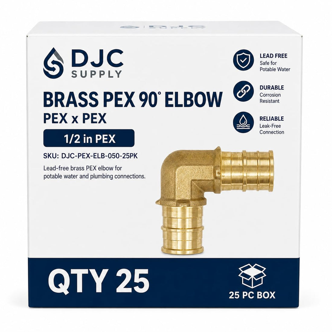 DJC Supply PEX-B 90° Elbow, Lead-Free Brass Crimp Fitting, Compatible with PEX-B Tubing, NSF Certified, for Potable Water Plumbing