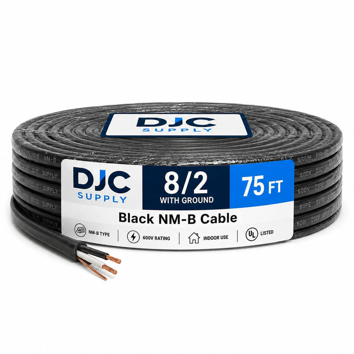 DJC Supply 8/2 Copper Building Wire with Ground, 8 AWG 2 Conductor Cable for 240V Circuits, Indoor Electrical Wire for Appliances, Heaters, A/C Units & Equipment, [25/75/225] FT