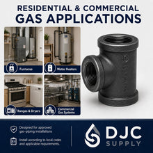 DJC Supply Black Malleable Iron Reducer Tee Fitting, NPT Threaded Reducing Tee for Black Steel Pipe, U.S. Standard Pipe Threads, for Residential & Commercial Gas & Air Applications