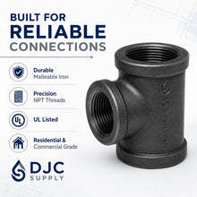 DJC Supply Black Malleable Iron Reducer Tee Fitting, NPT Threaded Reducing Tee for Black Steel Pipe, U.S. Standard Pipe Threads, for Residential & Commercial Gas & Air Applications