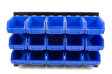 DJC Supply Heavy Duty Storage Bin Set & Steel Panel for Hanging Bin, Bench Mountable Steel Rolled Panel, 15 Bins included, Great for organzing Tools, Parts, and More.