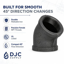DJC Supply Black Iron Malleable/Black Steel 45 Degree Elbows, NPT Pipe Fittings