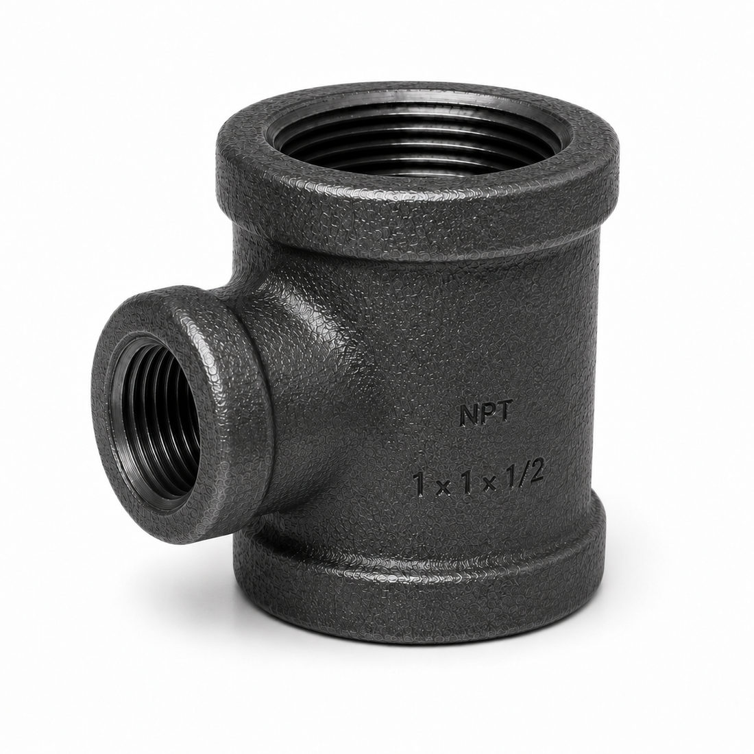 Black iron reducing tee illustration, 1 x 1 x 1/2 inch, one fitting