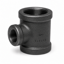 Black iron reducing tee illustration, 1 x 1 x 1/2 inch, one fitting