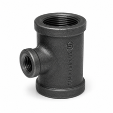 Black iron reducing tee illustration, 1-1/4 x 1-1/4 x 1/2 inch, one fitting