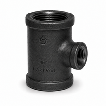 Black iron reducing tee illustration, 1-1/2 x 1-1/2 x 1 inch, one fitting