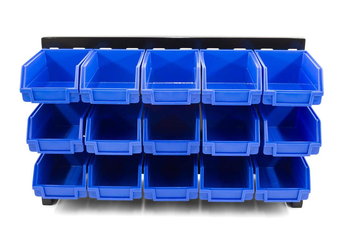 DJC Supply Heavy Duty Storage Bin Set & Steel Panel for Hanging Bin, Bench Mountable Steel Rolled Panel, 15 Bins included, Great for organzing Tools, Parts, and More.