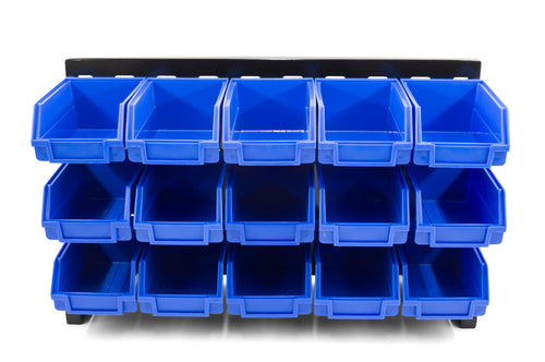 DJC Supply Heavy Duty Storage Bin Set & Steel Panel for Hanging Bin, Bench Mountable Steel Rolled Panel, 15 Bins included, Great for organzing Tools, Parts, and More.