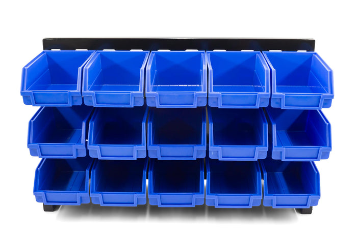 DJC Supply Heavy Duty Storage Bin Set & Steel Panel for Hanging Bin, Bench Mountable Steel Rolled Panel, 15 Bins included, Great for organzing Tools, Parts, and More.