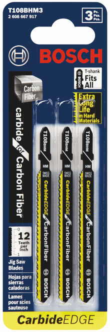 BOSCH T108BHM3 3 pc. 3-5/8 In. 12 TPI Carbide Edge for Carbon Fiber T-Shank Jig Saw Blades