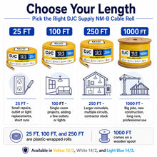 DJC Supply 12/2 NM-B Romex Cable with Ground, Yellow Jacket Indoor Residential Electrical Wire, 600V, Residential Branch Circuit Wire for Outlets, Switches & Lighting