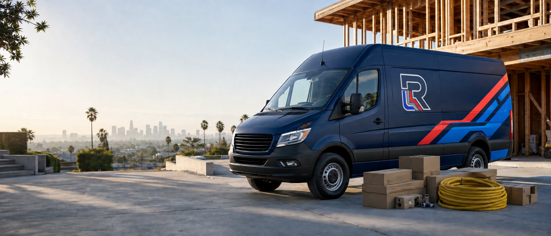 Rough In Supply van delivering rough-in supplies to a Los Angeles jobsite